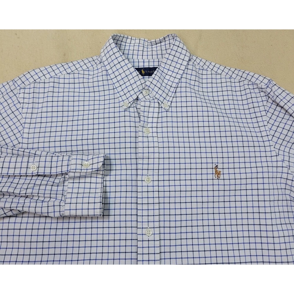 Ralph Lauren Blue Label Mens XL White Check Pattern Flesh Pony Button‎ Down